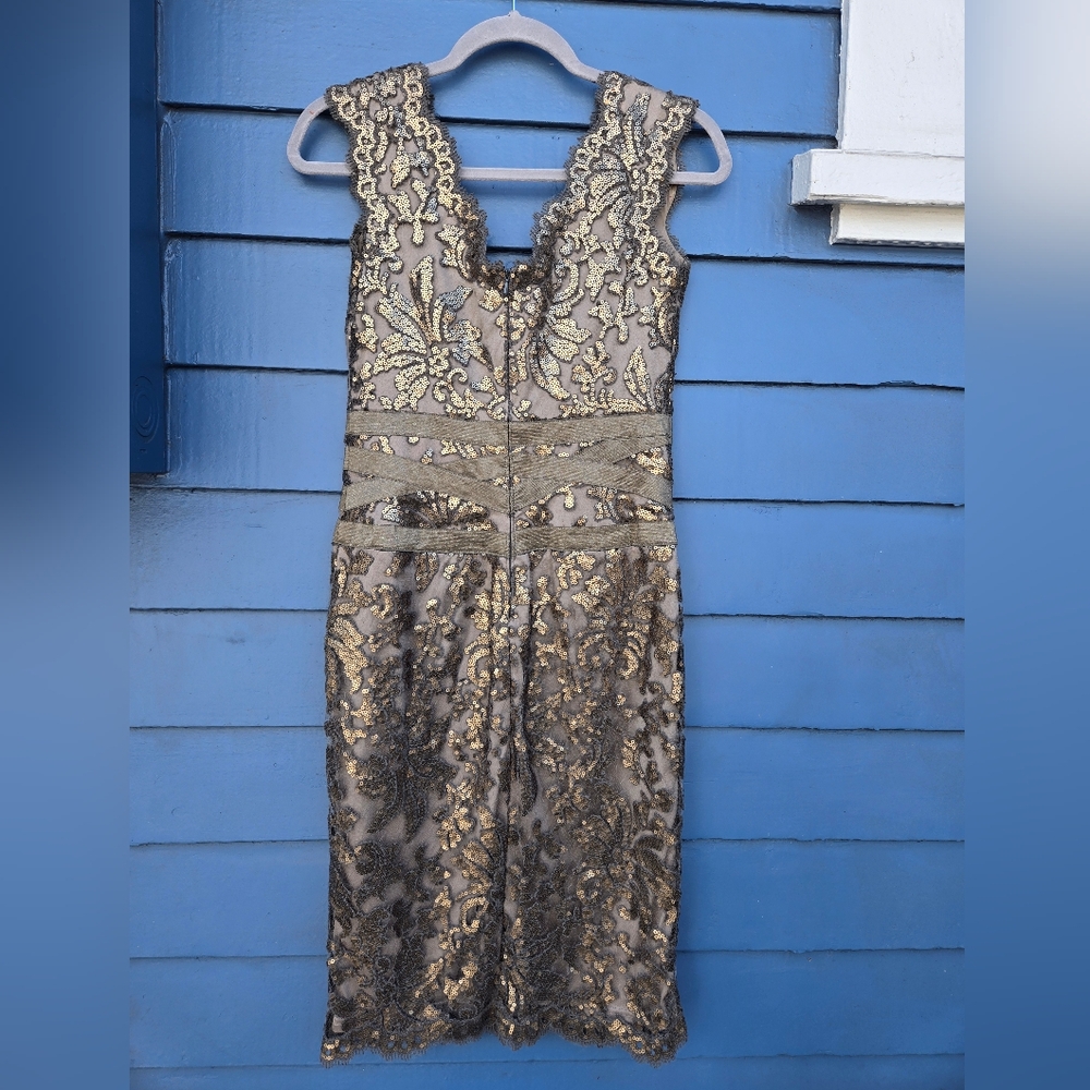 Tadashi Shoji Metallic Silver Champagne Lace Sheath Midi Dress - Picture 3 of 10